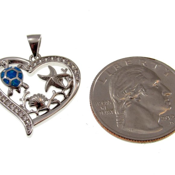 Solid 925 Sterling Silver and Blue Opal Sea Life Heart Pendant, Turtle & Shell - Picture 2 of 5